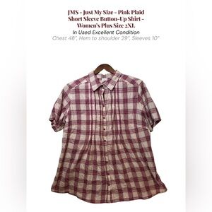 JMS Just My Size Pink Plaid Button Up Shirt 2XL Short Sleeve Casual